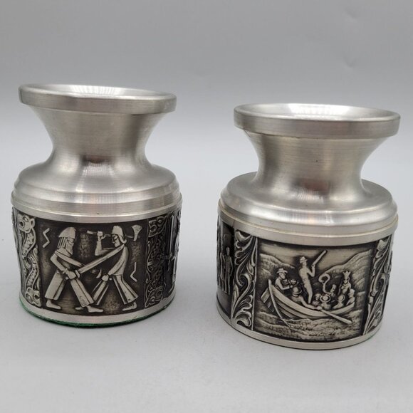 Vintage Norsk Tinn Pewter Votive Candle Holders With Engraved Viking Scenes - Picture 2 of 6